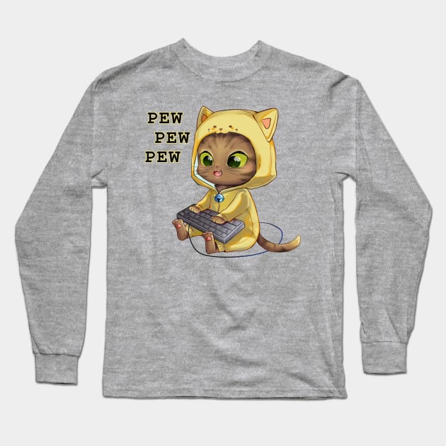 cat gamer pew pew pew Long Sleeve T-Shirt by tessacreativeart